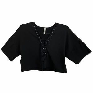 Yellow Cabbage Lace Up Black Crop Top Large